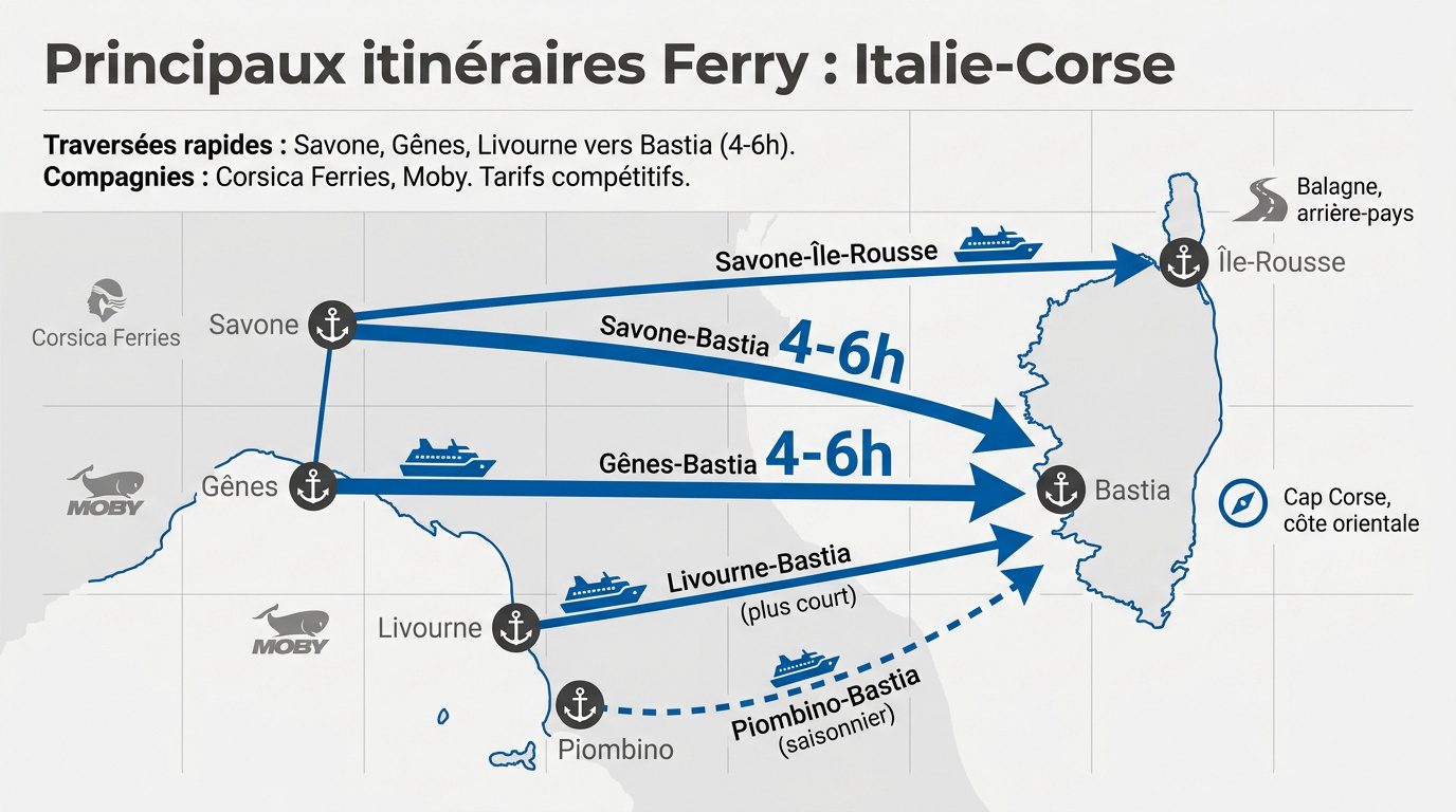 Carte des itinéraires de ferry entre l'Italie et la Corse incluant Savone, Gênes et Livourne