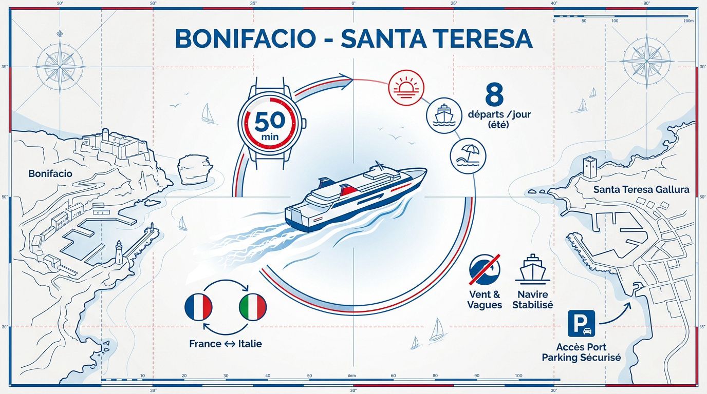 Ferry assurant la liaison maritime de 50 minutes entre Bonifacio et Santa Teresa avec 8 départs par jour