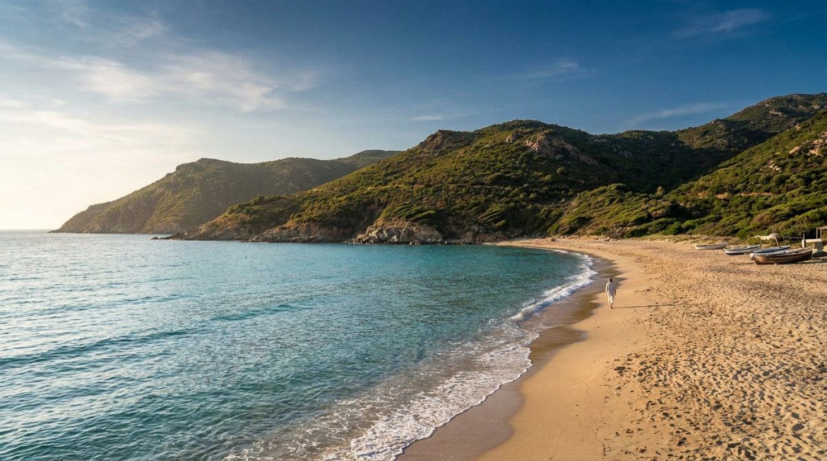 Une personne marche sur une plage de sable en Corse avec une mer turquoise et des collines verdoyantes en arrière-plan.