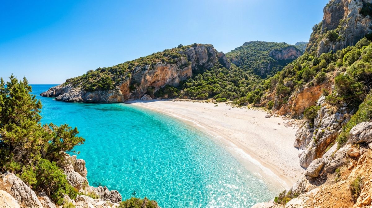 Plage paradisiaque en Sardaigne aux eaux turquoise cristallines bordée de falaises rocheuses et de végétation luxuriante.