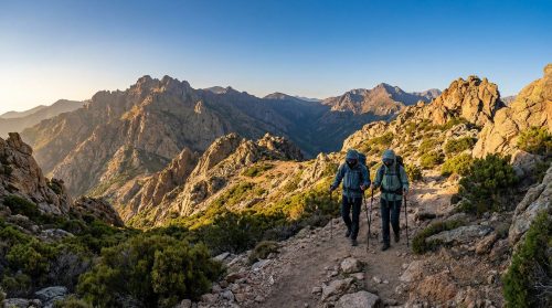 Deux randonneurs équipés marchent sur un sentier rocailleux dans les montagnes corses sous un ciel dégagé.