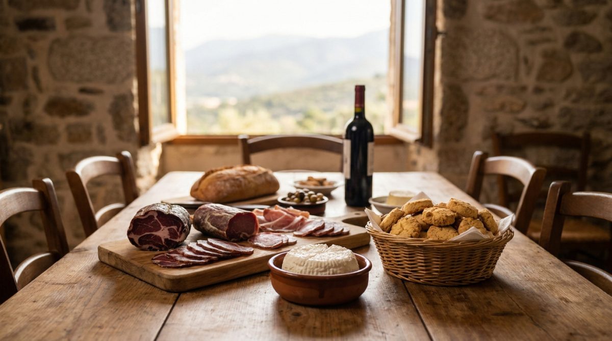 Une table en bois rustique avec de la charcuterie corse, du fromage, du vin et du pain face à une vue panoramique.