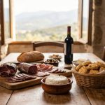 Une table en bois rustique avec de la charcuterie corse, du fromage, du vin et du pain face à une vue panoramique.