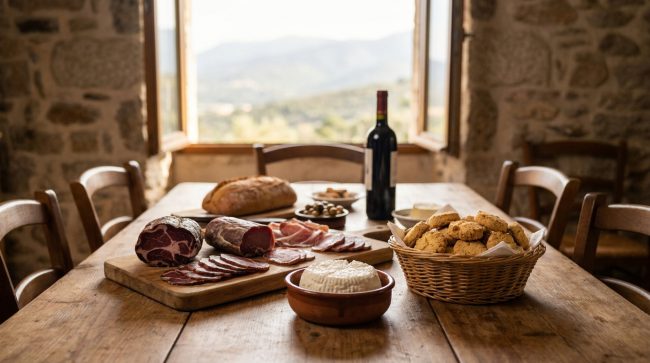 Une table en bois rustique avec de la charcuterie corse, du fromage, du vin et du pain face à une vue panoramique.