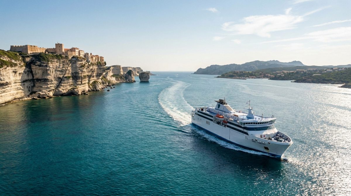 Un ferry naviguant en mer sous les falaises blanches de la ville fortifiée de Bonifacio en Corse.