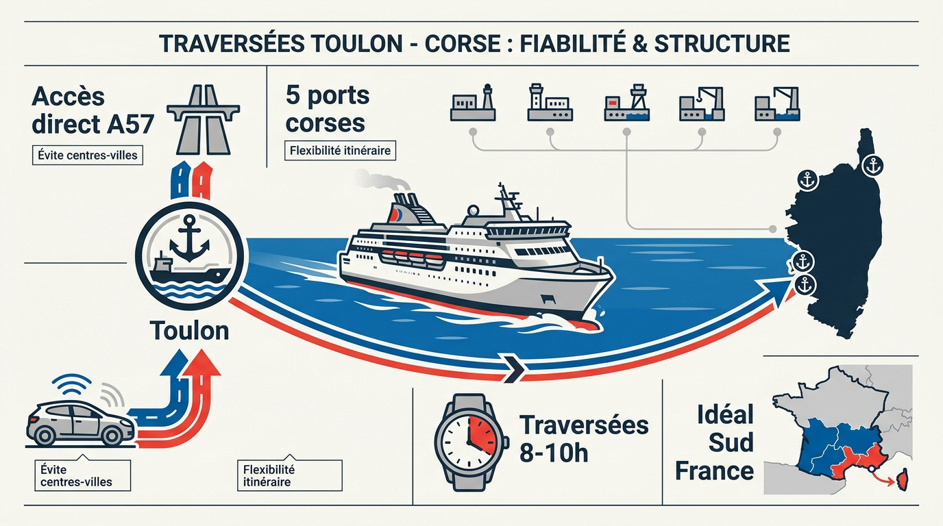 Ferry de la compagnie Corsica Ferries au port de Toulon prêt pour la traversée vers la Corse