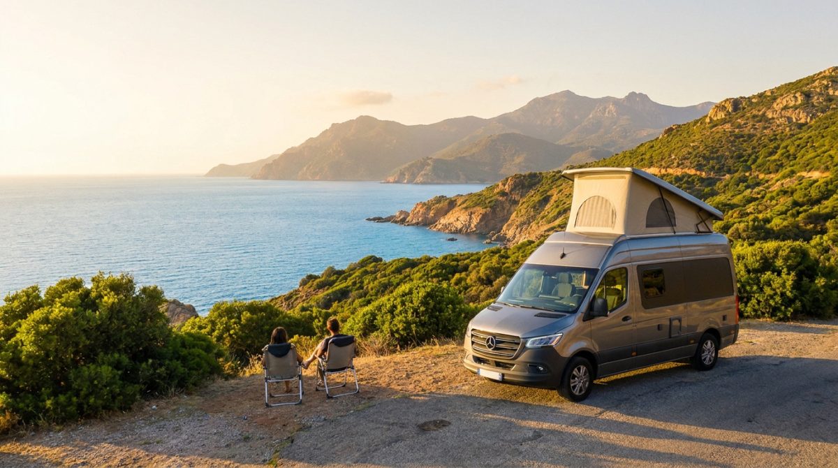 Un couple profite de la vue sur la mer en Corse, assis près de leur van aménagé avec toit relevable au coucher du soleil.