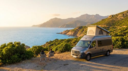 Un couple profite de la vue sur la mer en Corse, assis près de leur van aménagé avec toit relevable au coucher du soleil.