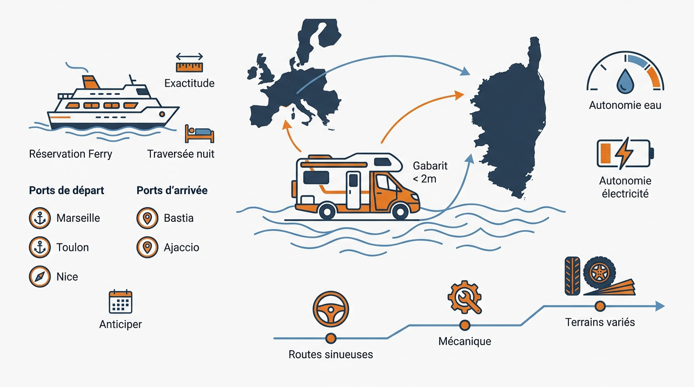 Van aménagé embarquant sur un ferry pour la Corse sous un ciel bleu