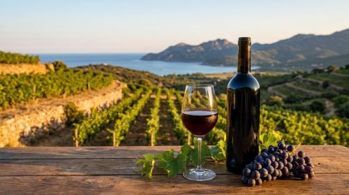 Une bouteille et un verre de vin rouge sur une table en bois devant un vignoble corse avec la mer en arrière-plan.