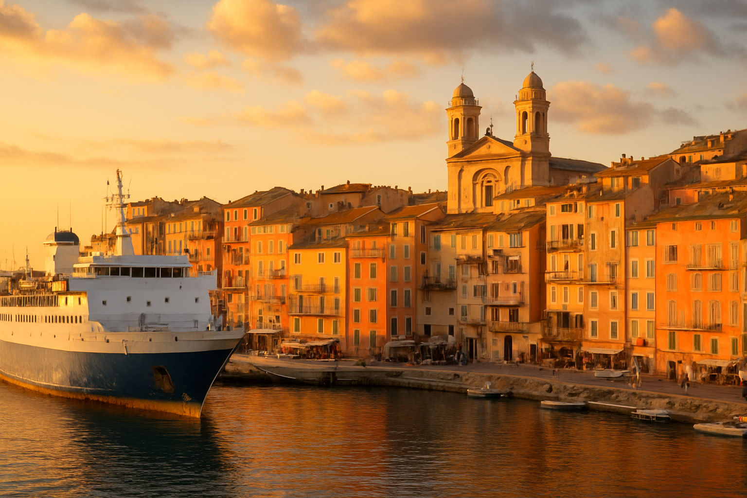 Voyageurs embarquant à bord d'un ferry à destination de la Corse dans un port méditerranéen